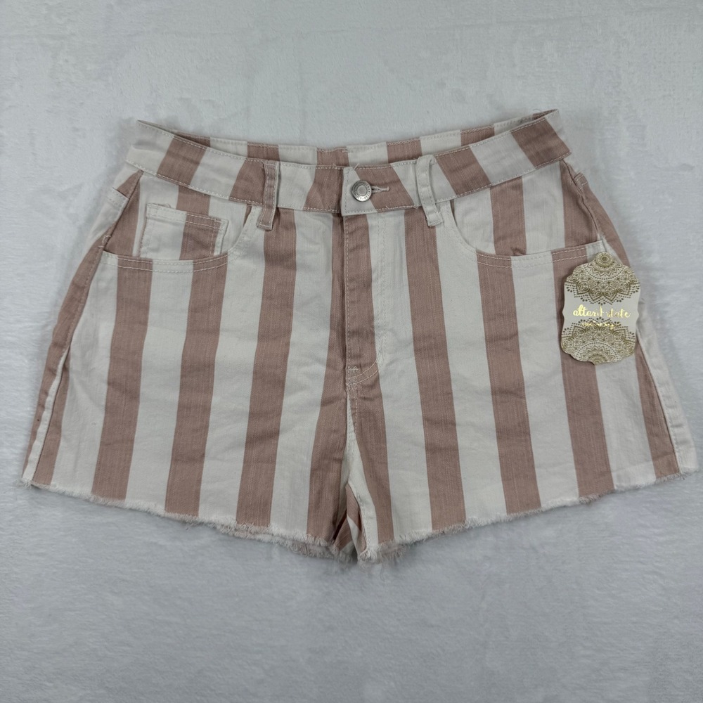 Altar'd State Womens Size M‎ Pink White Striped Cutoff Denim Shorts Frayed Hem